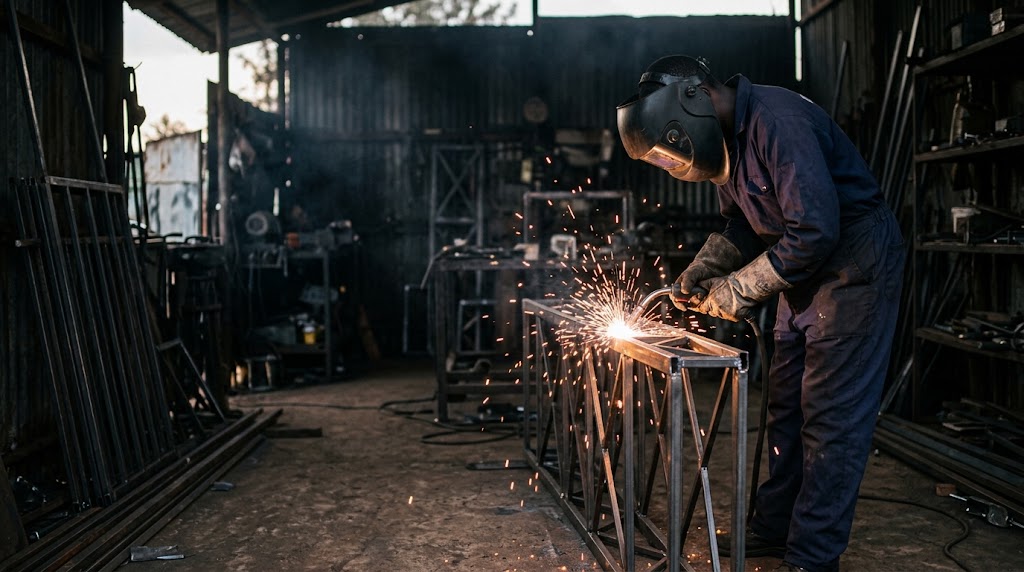 Welder at work with sparks flying