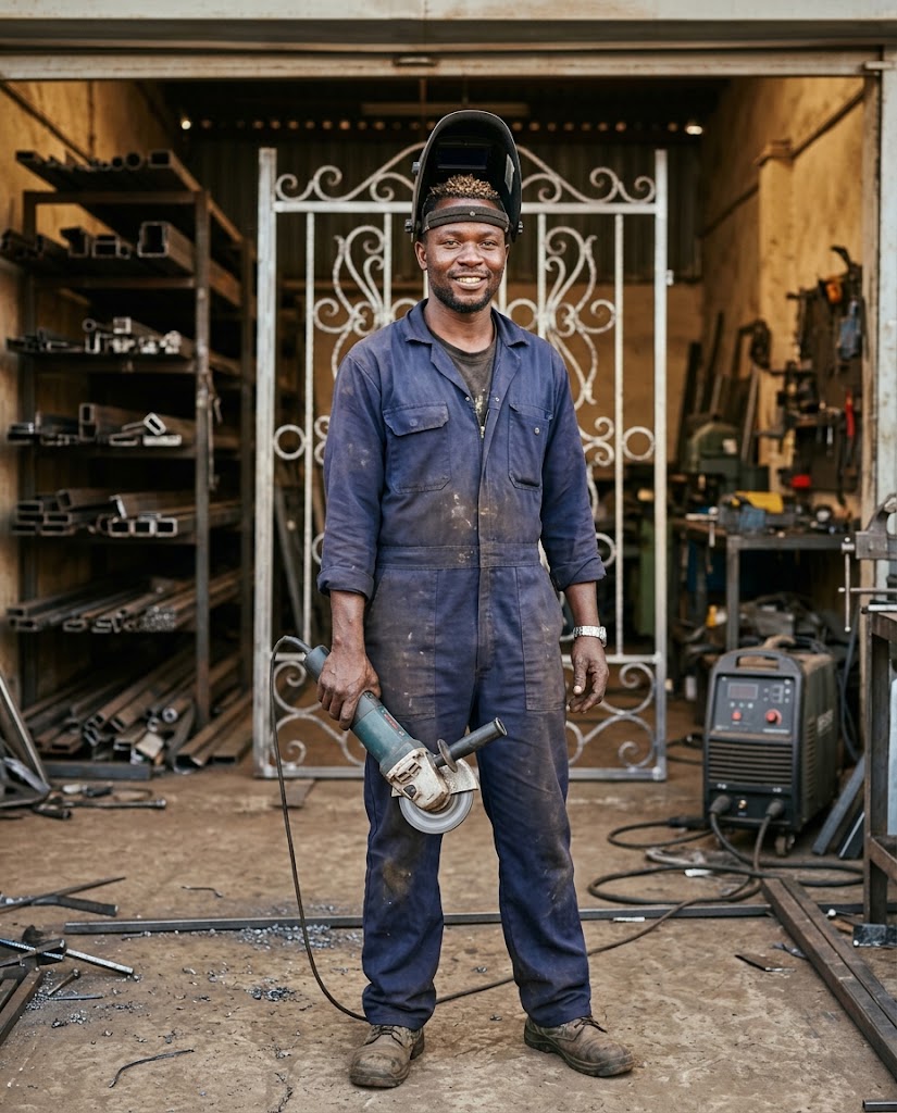 Fabricator in protective gear in the workshop